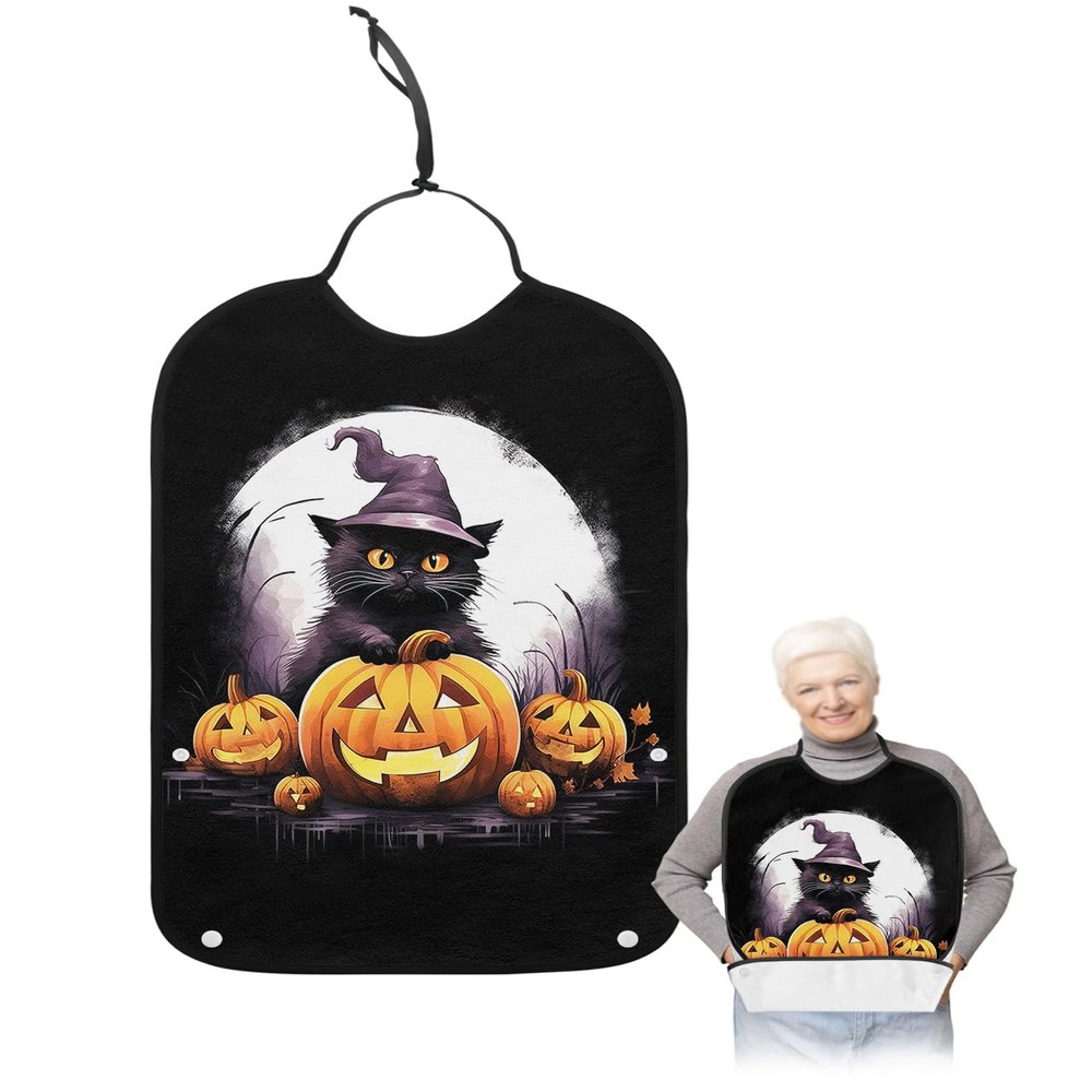 Adult Bibs for Elderly Women - Halloween Waterproof Dining Clothing Protectors with Crumb Catcher for Eating/Feeding, Horror Black Cat Orange Pumpkin Moon Night Terry Cloth Bib Machine Washable