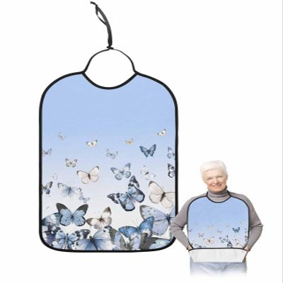 Adult Bibs for Elderly Women - Blue Ombre Waterproof Dining Clothing Protectors with Crumb Catcher for Eating/Feeding, Watercolor Blue Butterfly Modern Abstract Art Terry Cloth Bib Machine Washable