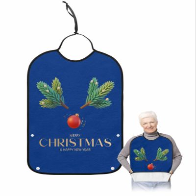 Adult Bibs for Elderly Women - Blue Christmas Waterproof Dining Clothing Protectors with Crumb Catcher for Eating/Feeding, Xmas Pine Needles Red Christmas Balls Terry Cloth Bib Machine Washable