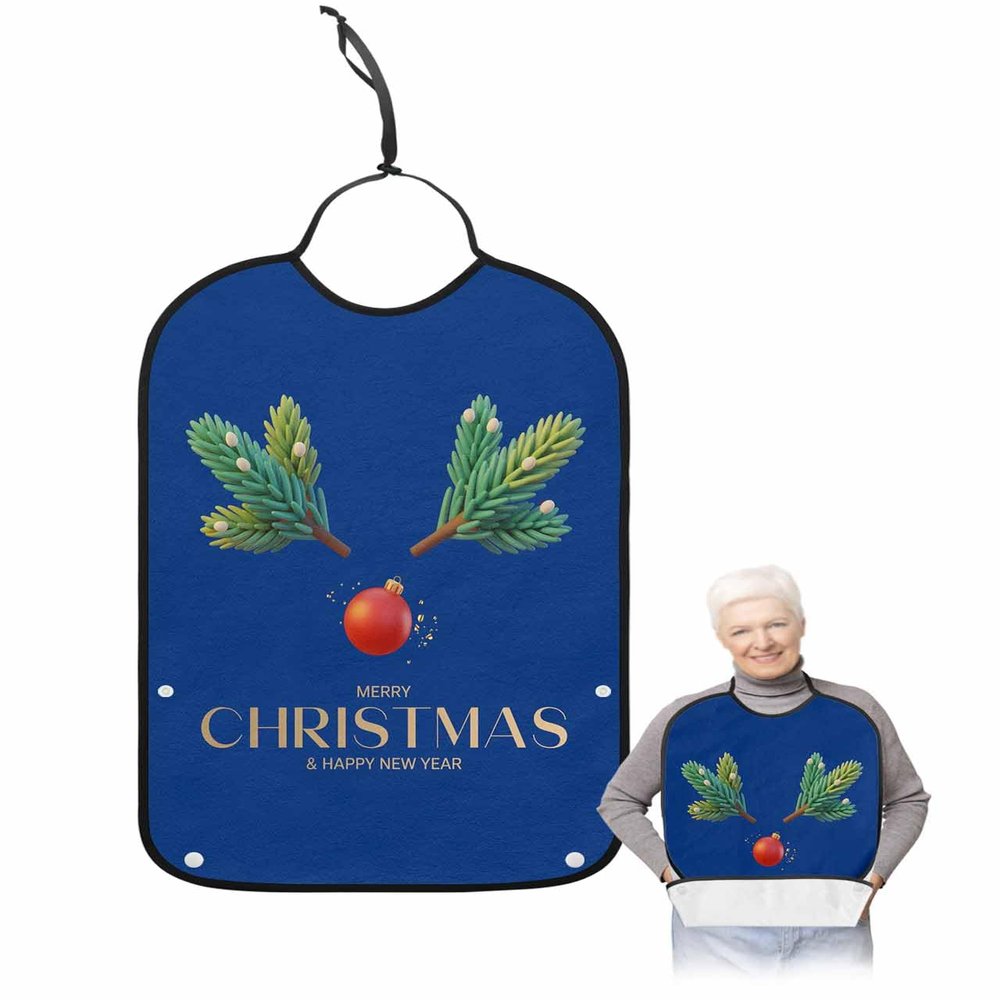 Adult Bibs for Elderly Women - Blue Christmas Waterproof Dining Clothing Protectors with Crumb Catcher for Eating/Feeding, Xmas Pine Needles Red Christmas Balls Terry Cloth Bib Machine Washable