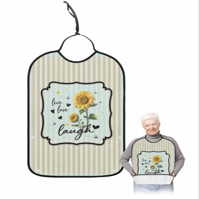 Adult Bibs for Elderly Women - Sunflower Waterproof Dining Clothing Protectors with Crumb Catcher for Eating/Feeding, Summer Bee Flower Botanical Green Yellow Plaid Terry Cloth Bib Machine Washable