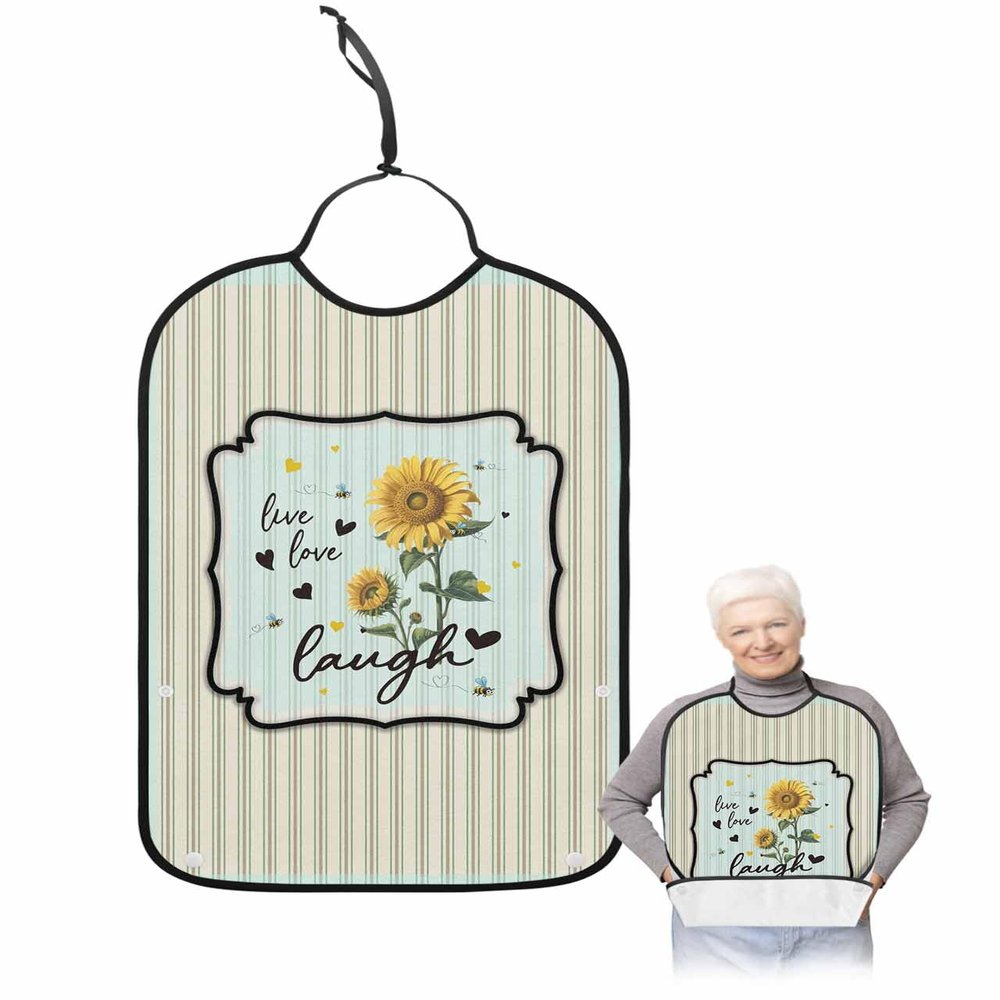 Adult Bibs for Elderly Women - Sunflower Waterproof Dining Clothing Protectors with Crumb Catcher for Eating/Feeding, Summer Bee Flower Botanical Green Yellow Plaid Terry Cloth Bib Machine Washable