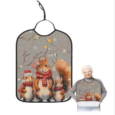 Adult Bibs for Elderly Women - Grey Squirrels Christmas Waterproof Dining Clothing Protectors with Crumb Catcher for Eating/Feeding, Xmas Tree Balls Winter Snowflake Terry Cloth Bib Machine Washable