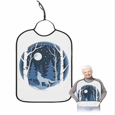 Adult Bibs for Elderly Women - Christmas Waterproof Dining Clothing Protectors with Crumb Catcher for Eating/Feeding, Navy Blue Wolf Forest Xmas Winter Snowflake Terry Cloth Bib Machine Washable