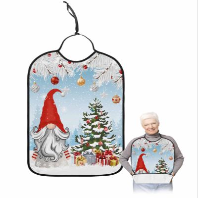 Adult Bibs for Elderly Women - Blue Christmas Gnomes Waterproof Dining Clothing Protectors with Crumb Catcher for Eating/Feeding, Xmas Tree Balls Winter Snowflake Terry Cloth Bib Machine Washable