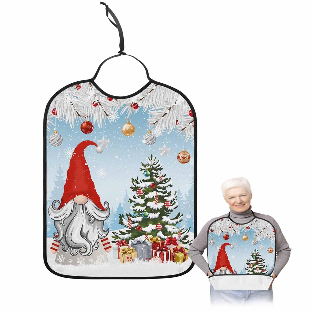 Adult Bibs for Elderly Women - Blue Christmas Gnomes Waterproof Dining Clothing Protectors with Crumb Catcher for Eating/Feeding, Xmas Tree Balls Winter Snowflake Terry Cloth Bib Machine Washable