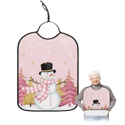 Adult Bibs for Elderly Women - Pink Christmas Snowman Waterproof Dining Clothing Protectors with Crumb Catcher for Eating/Feeding, Pink Yellow Xmas Tree Snowflake Terry Cloth Bib Machine Washable