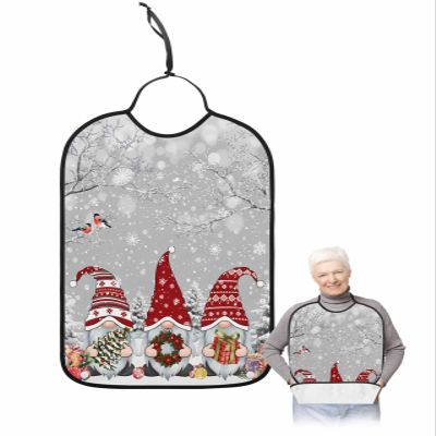Adult Bibs for Elderly Women - Grey Gnomes Christmas Waterproof Dining Clothing Protectors with Crumb Catcher for Eating/Feeding, Xmas Tree Winter Snowflake Gray Terry Cloth Bib Machine Washable