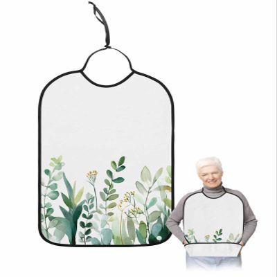 Adult Bibs for Elderly Women - Green Botanical Waterproof Dining Clothing Protectors with Crumb Catcher for Eating/Feeding, Watercolor Pastoral Eucalyptus Leaves Terry Cloth Bib Machine Washable