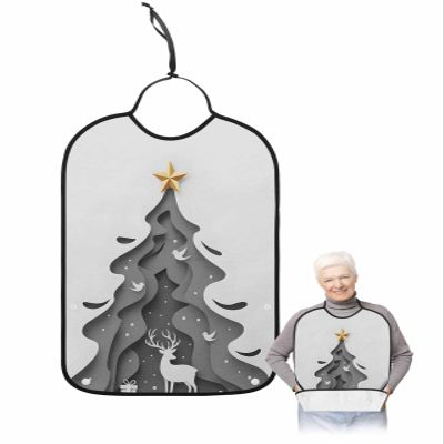 Adult Bibs for Elderly Women - Black Grey Christmas Tree Waterproof Dining Clothing Protectors with Crumb Catcher for Eating/Feeding, Xmas Elk Winter Snowflake Birds Terry Cloth Bib Machine Washable