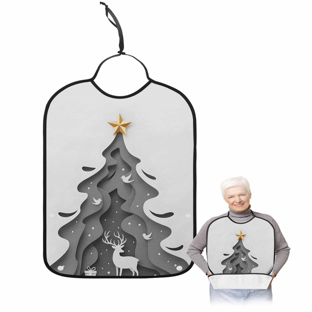 Adult Bibs for Elderly Women - Black Grey Christmas Tree Waterproof Dining Clothing Protectors with Crumb Catcher for Eating/Feeding, Xmas Elk Winter Snowflake Birds Terry Cloth Bib Machine Washable
