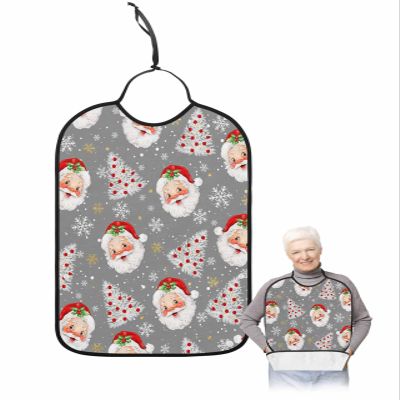 Adult Bibs for Elderly Women - Grey Santa Christmas Waterproof Dining Clothing Protectors with Crumb Catcher for Eating/Feeding, Gray Xmas Tree Winter Snowflake Terry Cloth Bib Machine Washable