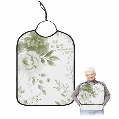 Adult Bibs for Elderly Women - Sage Green Botanical Waterproof Dining Clothing Protectors with Crumb Catcher for Eating/Feeding, Watercolor Spring Floral Abstract Art Terry Cloth Bib Machine Washable