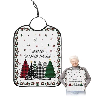 Adult Bibs for Elderly Women - Christmas Tree Waterproof Dining Clothing Protectors with Crumb Catcher for Eating/Feeding, Xmas Tree Gifts Balls Winter Snowflake Terry Cloth Bib Machine Washable