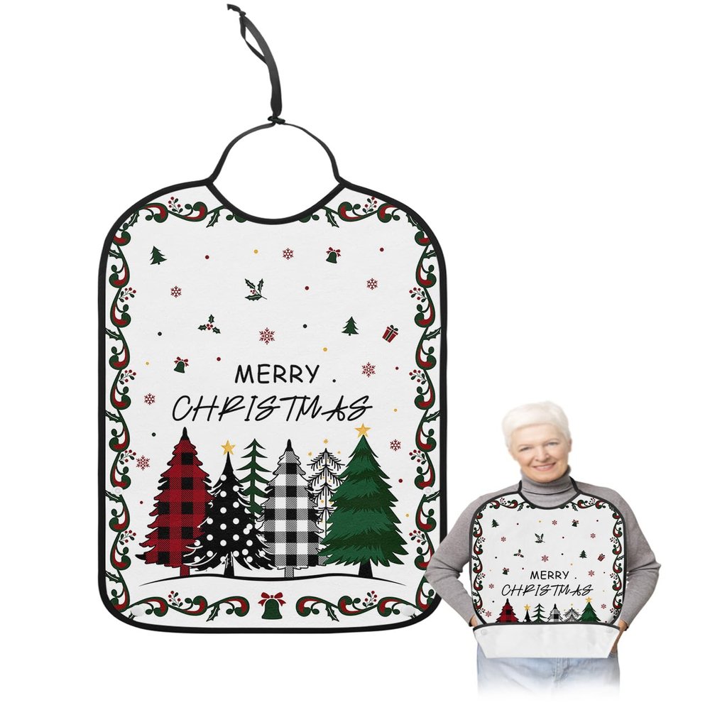 Adult Bibs for Elderly Women - Christmas Tree Waterproof Dining Clothing Protectors with Crumb Catcher for Eating/Feeding, Xmas Tree Gifts Balls Winter Snowflake Terry Cloth Bib Machine Washable