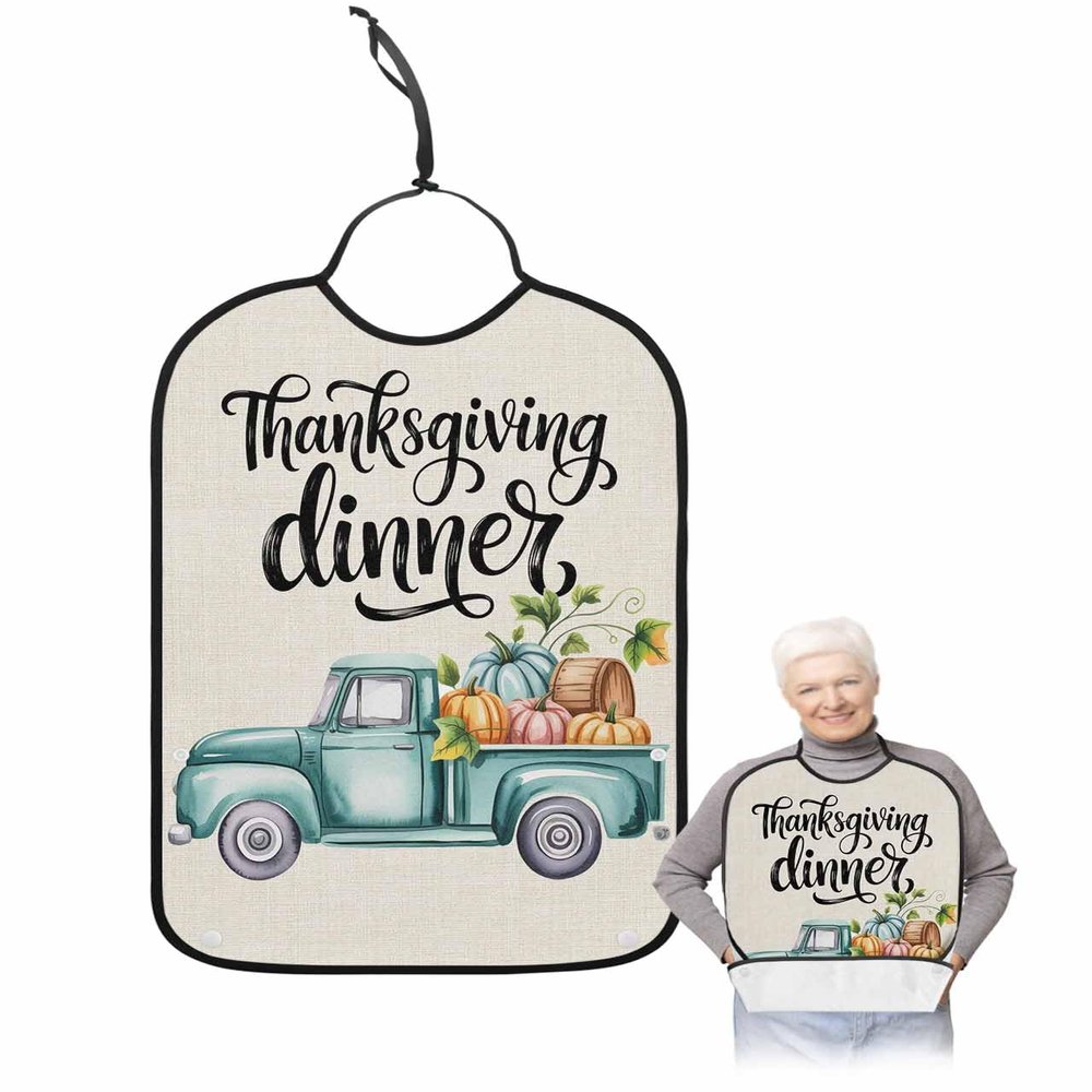 Adult Bibs for Elderly Women - Fall Thanksgiving Waterproof Dining Clothing Protectors with Crumb Catcher for Eating/Feeding, Watercolor Blue Truck Pumpkins Rustic Terry Cloth Bib Machine Washable