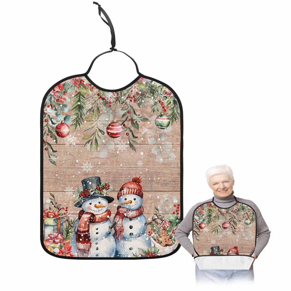 Adult Bibs for Elderly Women - Christmas Snowman Waterproof Dining Clothing Protectors with Crumb Catcher for Eating/Feeding, Xmas Balls Gifts Poinsettia Botanical Retro Terry Cloth Bib Washable