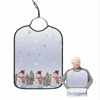 Adult Bibs for Elderly Women - Blue Ombre Christmas Waterproof Dining Clothing Protectors with Crumb Catcher for Eating/Feeding, Xmas Tree Winter Snowman Snowflake Terry Cloth Bib Machine Washable