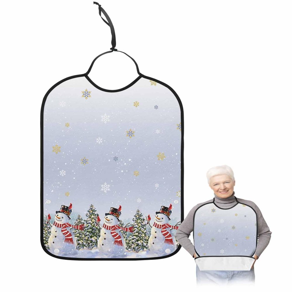 Adult Bibs for Elderly Women - Blue Ombre Christmas Waterproof Dining Clothing Protectors with Crumb Catcher for Eating/Feeding, Xmas Tree Winter Snowman Snowflake Terry Cloth Bib Machine Washable