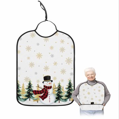 Adult Bibs for Elderly Women - Christmas Waterproof Dining Clothing Protectors with Crumb Catcher for Eating/Feeding, Xmas Snowman Yellow Grey Snowflake Winter Tree Terry Cloth Bib Machine Washable