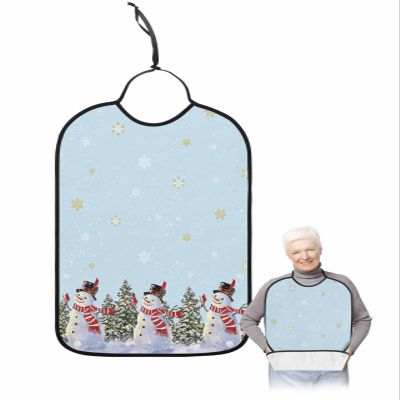 Kewadony Adult Bibs for Elderly Women - Blue Snowman Christmas Waterproof Dining Clothing Protectors with Crumb Catcher for Eating/Feeding, Winter Xmas Tree Snowflake Terry Cloth Bib Machine Washable