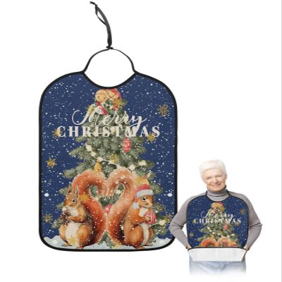 Adult Bibs for Elderly Women - Blue Squirrels Christmas Waterproof Dining Clothing Protectors with Crumb Catcher for Eating/Feeding, Winter Snowflake Xmas Tree Terry Cloth Bib Machine Washable
