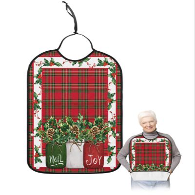 Adult Bibs for Elderly Women - Christmas Waterproof Dining Clothing Protectors with Crumb Catcher for Eating/Feeding, Red Green Plaid Xmas Berry Pine Cones Botanical Terry Cloth Bib Machine Washable