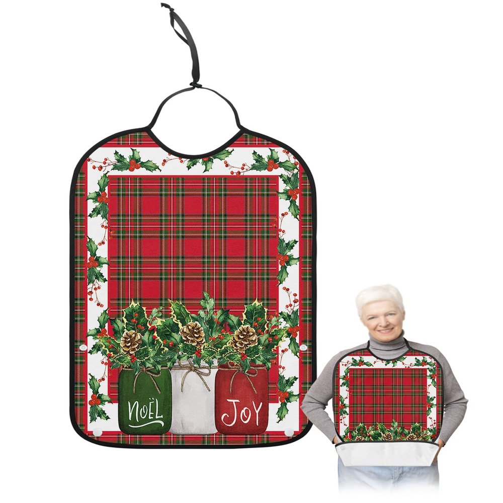 Adult Bibs for Elderly Women - Christmas Waterproof Dining Clothing Protectors with Crumb Catcher for Eating/Feeding, Red Green Plaid Xmas Berry Pine Cones Botanical Terry Cloth Bib Machine Washable