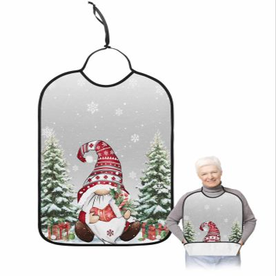 Adult Bibs for Elderly Women - Grey Gnomes Christmas Waterproof Dining Clothing Protectors with Crumb Catcher for Eating/Feeding, Xmas Tree Gifts Winter Snowflake Terry Cloth Bib Machine Washable
