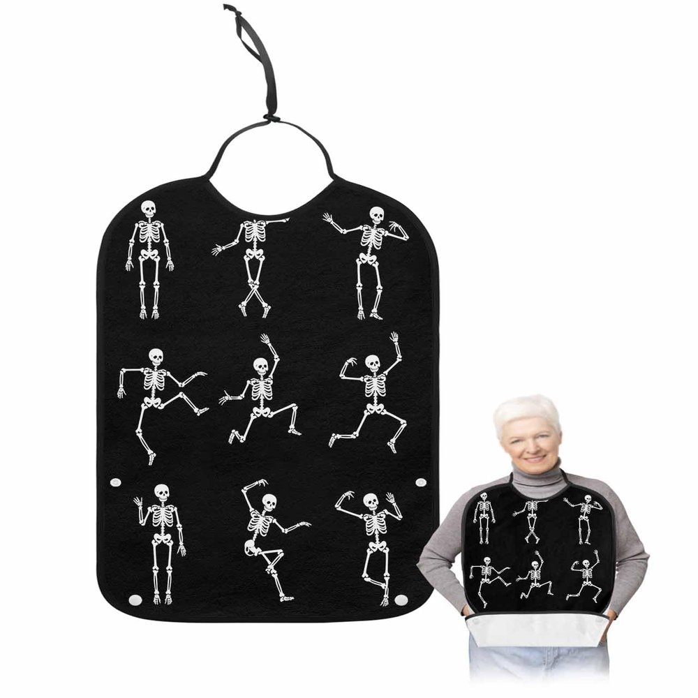 Kewadony Adult Bibs for Elderly Women - Halloween Waterproof Dining Clothing Protectors with Crumb Catcher for Eating/Feeding, White Skeletons Classic Black Terry Cloth Bib Machine Washable