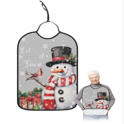 Adult Bibs for Elderly Women - Grey Christmas Waterproof Dining Clothing Protectors with Crumb Catcher for Eating/Feeding, Xmas Snowman Birds Berry Winter Snowflake Terry Cloth Bib Machine Washable