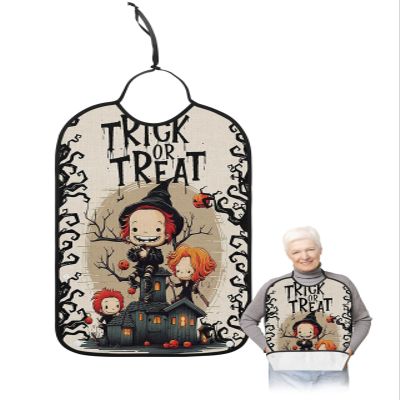 Adult Bibs for Elderly Women - Halloween Waterproof Dining Clothing Protectors with Crumb Catcher for Eating/Feeding, Trick or Treat Children Pumpkin Black Branches Terry Cloth Bib Machine Washable