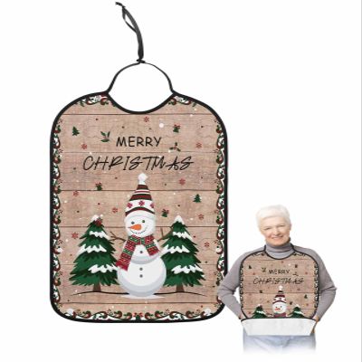 Adult Bibs for Elderly Women - Red Green Christmas Snowman Waterproof Dining Clothing Protectors with Crumb Catcher for Eating/Feeding, Xmas Tree Botanical Vintage Terry Cloth Bib Machine Washable