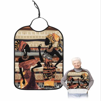 Adult Bibs for Elderly Women - African Black Women Waterproof Dining Clothing Protectors with Crumb Catcher for Eating/Feeding, Boho Ethnic Colorful Modern Geometric Terry Cloth Bib Machine Washable