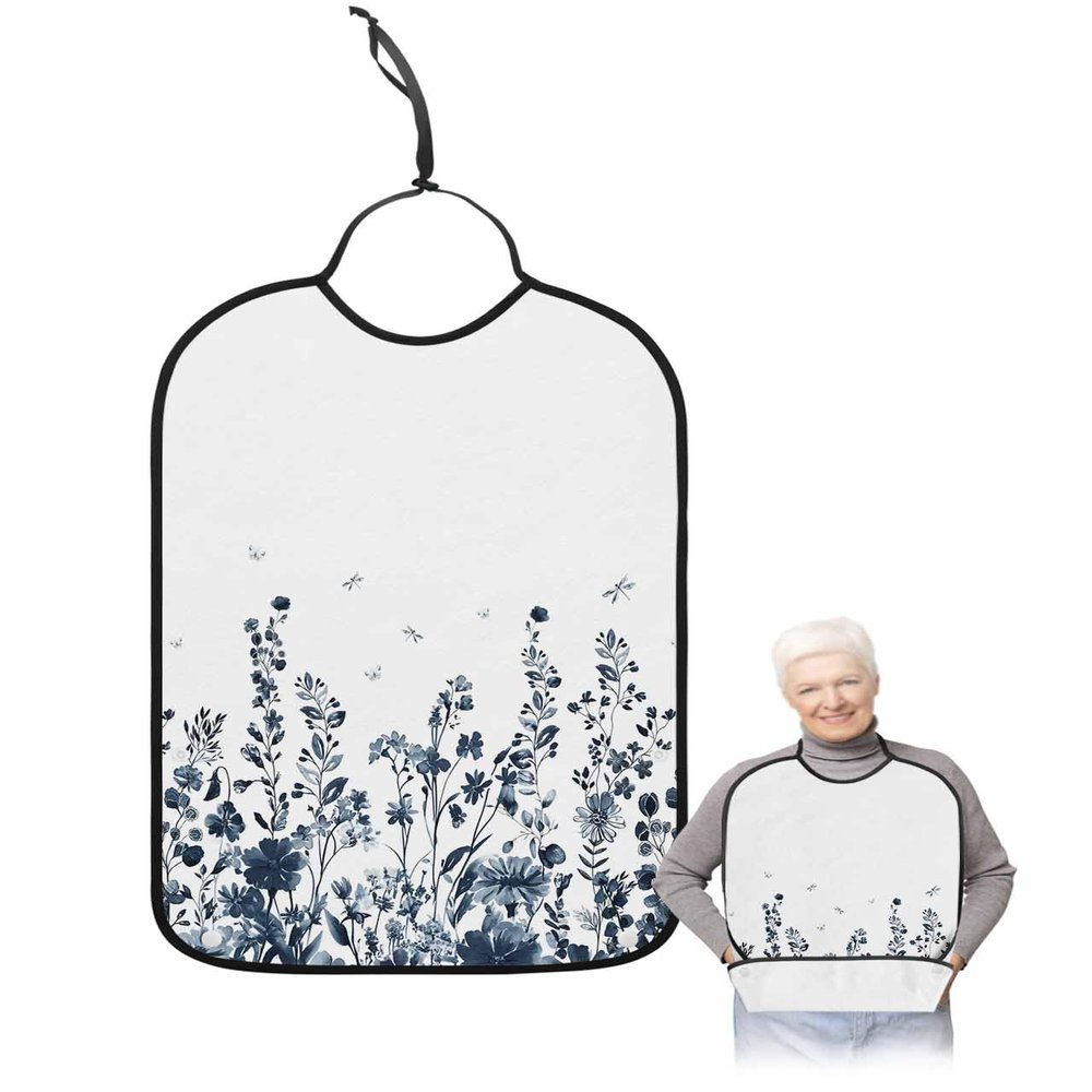 Adult Bibs for Elderly Women - Navy Blue Floral Waterproof Dining Clothing Protectors with Crumb Catcher for Eating/Feeding, Pastoral Spring Botanical Dragonfly Summer Flower Terry Cloth Bib Washable