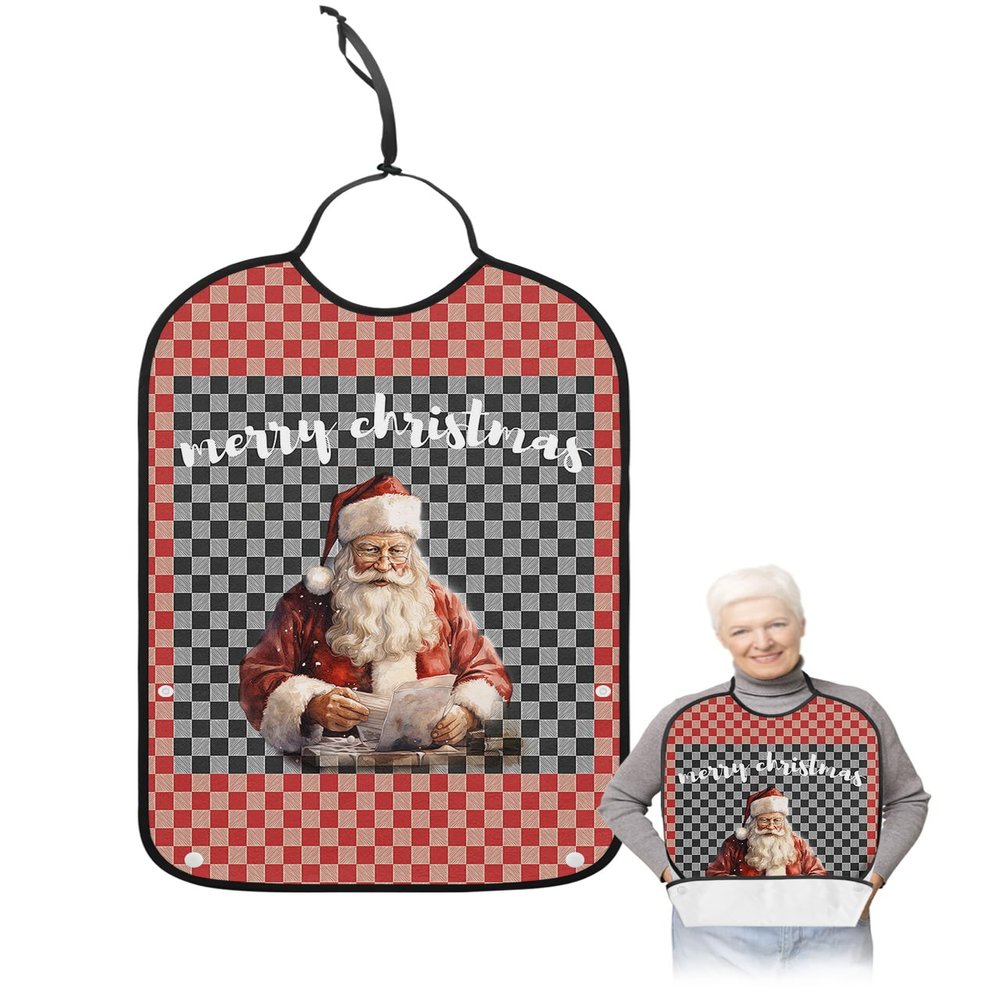 Adult Bibs for Elderly Women - Red Black Plaid Snowman Christmas Waterproof Dining Clothing Protectors with Crumb Catcher for Eating/Feeding, Xmas Winter Snowflake Terry Cloth Bib Machine Washable