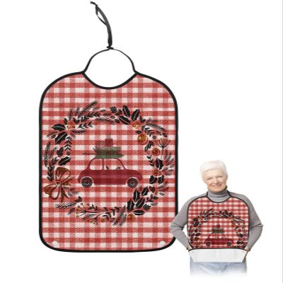 Adult Bibs for Elderly Women - Christmas Waterproof Dining Clothing Protectors with Crumb Catcher for Eating/Feeding, Red Plaid Xmas Tree Gifts Truck Botanical Wreath Terry Cloth Bib Machine Washable