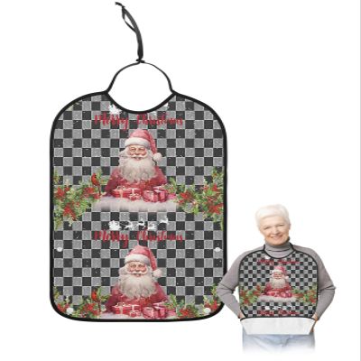 Adult Bibs for Elderly Women - Christmas Waterproof Dining Clothing Protectors with Crumb Catcher for Eating/Feeding, Xmas Santa with Gifts Black Plaid Xmas Berry Birds Terry Cloth Bib Washable