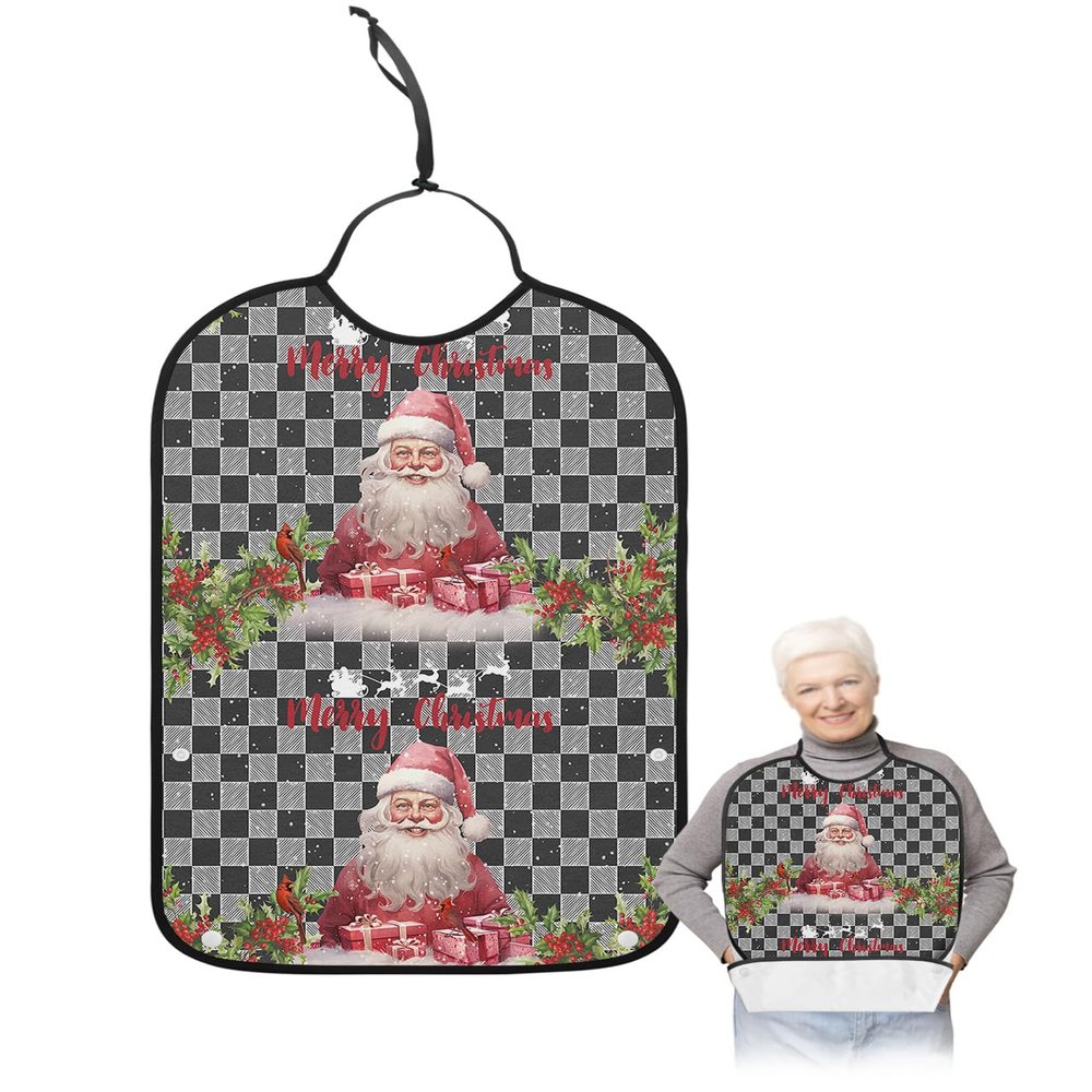 Adult Bibs for Elderly Women - Christmas Waterproof Dining Clothing Protectors with Crumb Catcher for Eating/Feeding, Xmas Santa with Gifts Black Plaid Xmas Berry Birds Terry Cloth Bib Washable