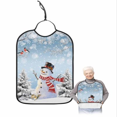 Kewadony Adult Bibs for Elderly Women - Blue Snowman Christmas Waterproof Dining Clothing Protectors with Crumb Catcher for Eating/Feeding, Xmas Tree Birds Snowflake Terry Cloth Bib Machine Washable