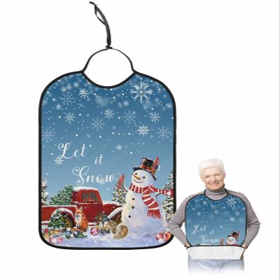 Adult Bibs for Elderly Women - Blue Snowman Christmas Waterproof Dining Clothing Protectors with Crumb Catcher for Eating/Feeding, Xmas Tree Truck Winter Snowflake Terry Cloth Bib Machine Washable