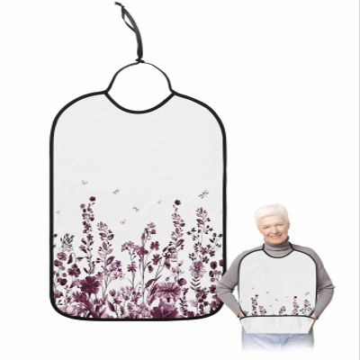Adult Bibs for Elderly Women - Purpel Floral Waterproof Dining Clothing Protectors with Crumb Catcher for Eating/Feeding, Pastoral Spring Botanical Dragonfly Summer Flower Terry Cloth Bib Washable