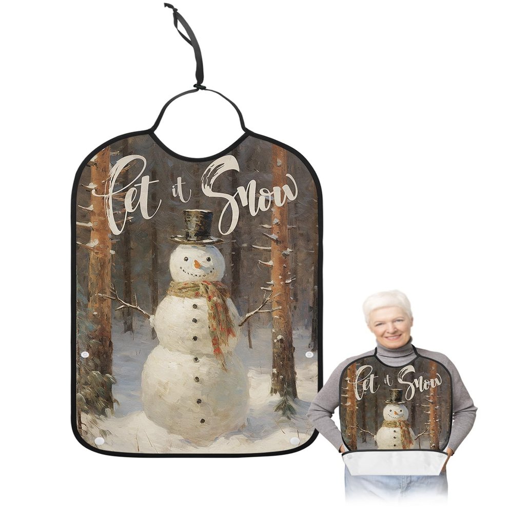 Kewadony Adult Bibs for Elderly Women - Christmas Waterproof Dining Clothing Protectors with Crumb Catcher for Eating/Feeding, Xmas Tree Snowman Let Snow Oil Painting Terry Cloth Bib Machine Washable