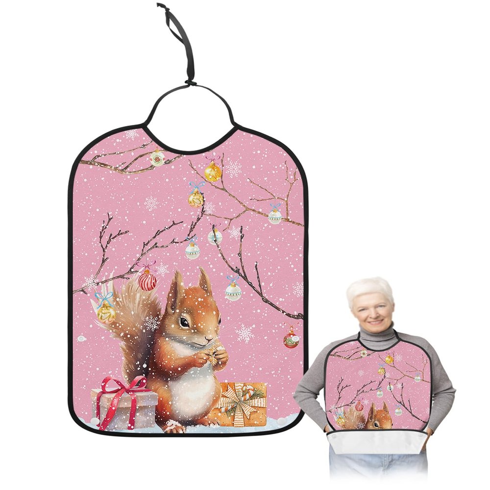 Adult Bibs for Elderly Women - Pink Squirrels Christmas Waterproof Dining Clothing Protectors with Crumb Catcher for Eating/Feeding, Xmas Gifts Balls Winter Snowflake Terry Cloth Bib Machine Washable