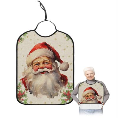 Adult Bibs for Elderly Women - Christmas Waterproof Dining Clothing Protectors with Crumb Catcher for Eating/Feeding, Xmas Santa Berry Botanical Winter Snowflake Terry Cloth Bib Machine Washable