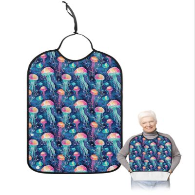 Kewadony Adult Bibs for Elderly Women - Ocean Jellyfish Waterproof Dining Clothing Protectors with Crumb Catcher for Eating/Feeding, Coastal Colorful Beach Jellyfish Terry Cloth Bib Machine Washable