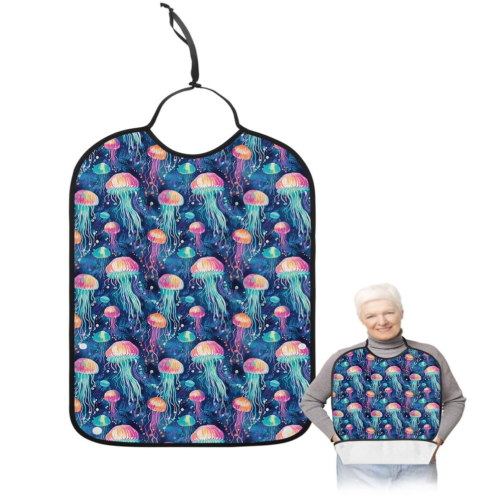 Kewadony Adult Bibs for Elderly Women - Ocean Jellyfish Waterproof Dining Clothing Protectors with Crumb Catcher for Eating/Feeding, Coastal Colorful Beach Jellyfish Terry Cloth Bib Machine Washable