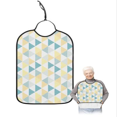 Adult Bibs for Elderly Women - Teal Yellow Geometric Waterproof Dining Clothing Protectors with Crumb Catcher for Eating/Feeding, Modern Triangle Abstract Art Terry Cloth Bib Machine Washable