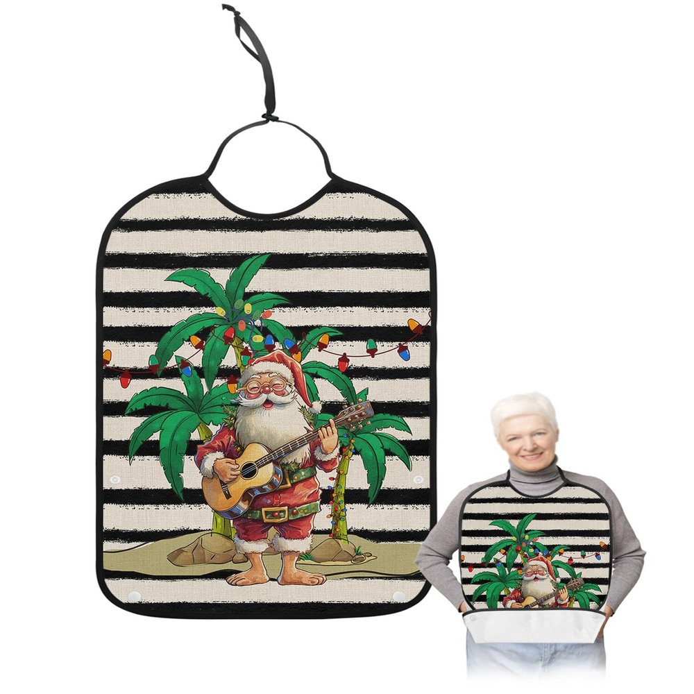 Adult Bibs for Elderly Women - Christmas Waterproof Dining Clothing Protectors with Crumb Catcher for Eating/Feeding, Xmas Santa Coastal Tree Black Striped Rustic Terry Cloth Bib Machine Washable