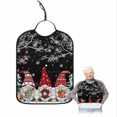 Kewadony Adult Bibs for Elderly Women - Black Gnomes Christmas Waterproof Dining Clothing Protectors with Crumb Catcher for Eating/Feeding, Xmas Tree Winter Snowflake Terry Cloth Bib Machine Washable